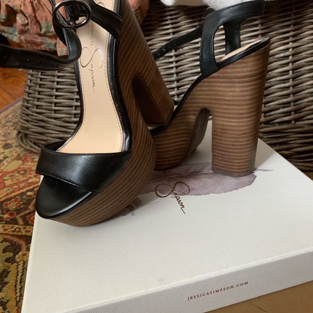 Jessica Simpson Black Leather Platform Sandals with Wood-Effect Heel